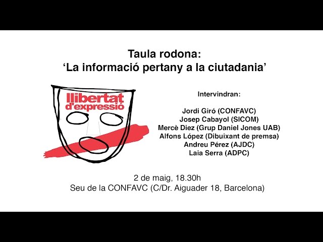  	
<br/>Streaming taula rodona 'La informació pertany a la ciutadania'
<br/>		Sicom TV. Solidaritat i Comunicació. 	
<br/>Streaming el 2 de maig a les 18.30h de la taula rodona 'La informació pertany a la ciutadania'. L'acte comptarà amb la presentació del 'Manifest 3 de maig de 2016, per una llibertat de premsa de totes i tots'.
<br/>
<br/>Dia: 2 de maig
<br/>Hora: 18,30 hores
<br/>Lloc: Seu de la Confederació d'Associacions Veïnals de Catalunya (CONFAVC). Carrer Doctor Aiguader, 18.
<br/>
<br/>Intervindran:
<br/>- Jordi Giró, president de la CONFAVC
<br/>- Josep Cabayol (SICOM)
<br/>- Mercè Diez (Grup Daniel Jones, de la UAB
<br/>- Alfons López (Dibuixant de premsa)
<br/>- Andreu Pérez (President AJDC)
<br/>- Laia Serra (ADPC).
<br/>
<br/>Entitats que fins ara s'han adherit al manifest: Associació Catalana de Juristes Demòcrates (ACJD), Associació de Dones Periodistes de Catalunya (ADPC), Col·lectiu de Dibuixants de Premsa, Comissions Obreres de Catalunya (CCOO), CONFAVC, GAMAG-Europe, Món Comunicació amb visió de gènere, Sindicat de Periodistes de Catalunya / Sindicat de Professionals de la Comunicació (SPC), Solidaritat i Comunicació (SICOM), el Màster i la Càtedra Gènere i Comunicació de la UAB, Unió General de Treballadors de Catalunya (UGT) i la Xarxa Internacional de Dones Periodistes i Comunicadores (XIDPIC).
<br/>
<br/>L'SPC, conjuntament amb altres entitats, celebrarà enguany el 3 de Maig 'Dia Mundial de la Llibertat de Premsa' com una jornada reivindicativa en la qual es reclamarà que el dret a la informació torni al seu legítim propietari, la ciutadania. Aquesta commemoració consistirà en una taula rodona en el qual es farà lectura del 'Manifest 3 de maig de 2016, per una llibertat de premsa de totes i tots' al qual ja donen suport diverses organitzacions i obert a l'adhesió de les que ho facin en els pròxims dies. Aquest acte, però, se centrarà en donar veu als representants de les diferents entitats i associacions que hi assisteixin que exigeixin el dret a la informació com un dret humà essencial que pertany a la ciutadania i no als mitjans de comunicació ni als periodistes, tal com estableixen diverses normatives. La fila 0, doncs, serà el més important.
<br/>
<br/>L'acte es va fer, però, per qÃ¼estions d'agenda, el dia abans, dilluns 2 de maig, a dos quarts de set de la tarda. El manifest que es llegeix  és un resum del que ha estat elaborat per a l'ocasió, que en la seva versió sencera es pot consultar en aquest enllaç: <a href='http://sindicatperiodistes.cat/content/manifest-3-de-maig-una-llibertat-de-premsa-de-tots-i-totes-versi%C3%B3-llarga' target='_blank'>http://sindicatperiodistes.cat/content/manifest-3-de-maig-una-llibertat-de-premsa-de-tots-i-totes-versi%C3%B3-llarga</a><br/>